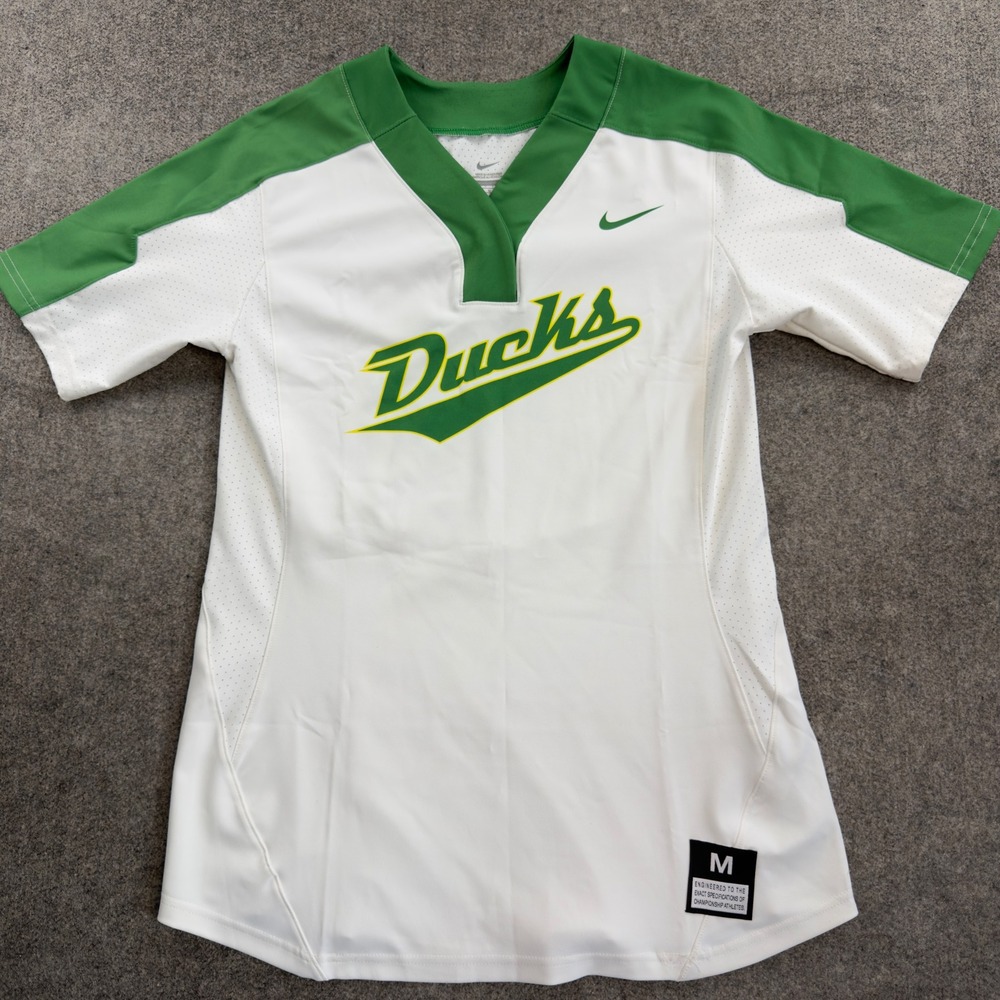 Nike Oregon Ducks Softball Jersey Womens Medium White Green #16 V-Neck PN 56323